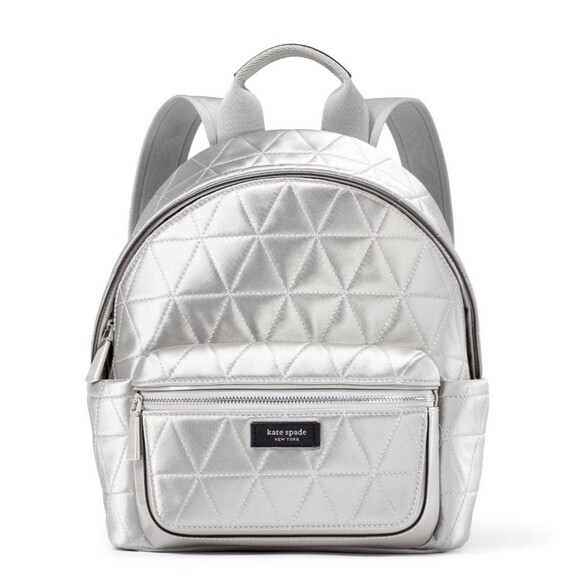 New Kate Spade Sam Icon Quilted Satin Small Backpack Silver - Picture 1 of 7